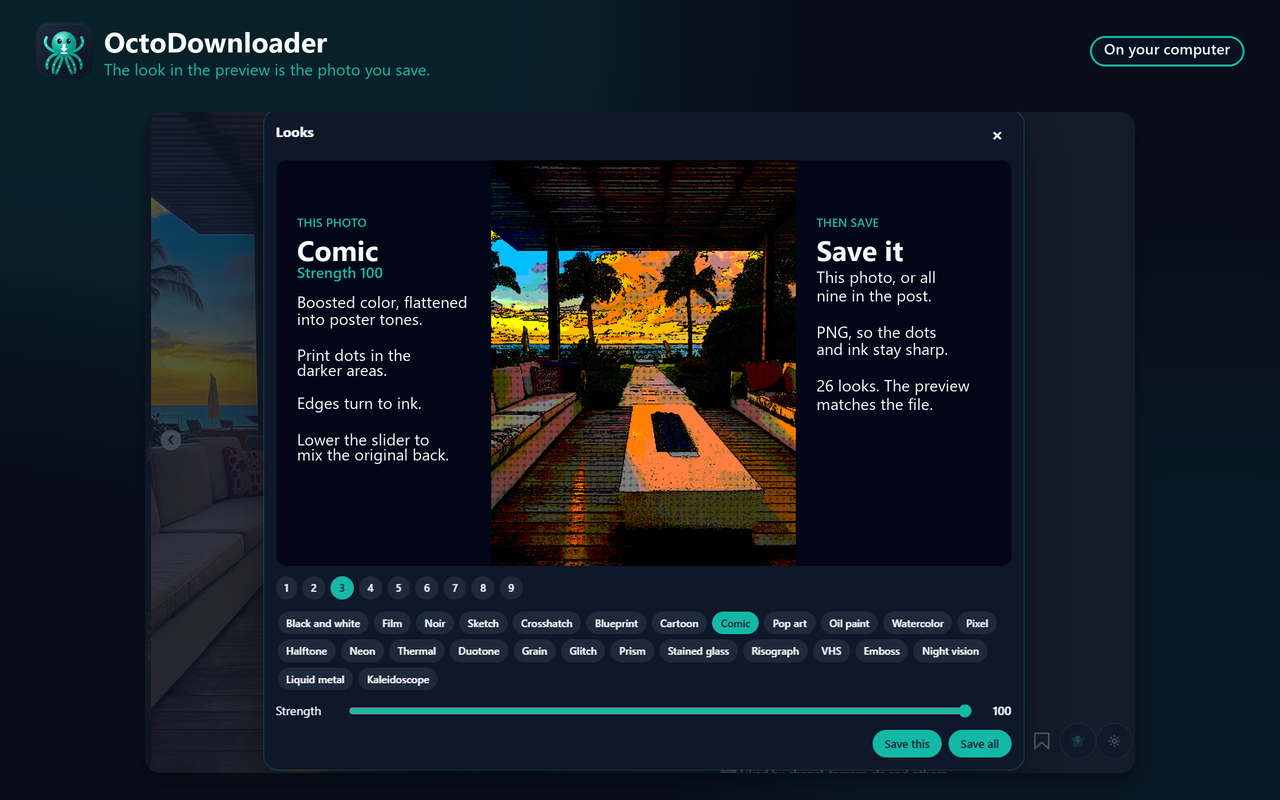 Looks panel: Comic filter preview, strength slider, and Save this or Save all for the post
