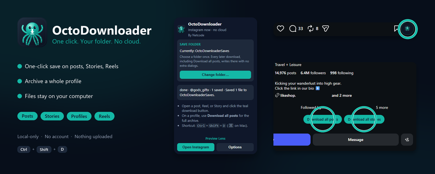 OctoDownloader product overview: local folder, on-page save buttons